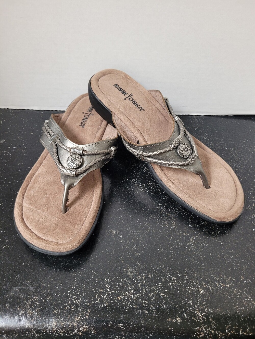 Minnetonka Metallic Braided Thong Sandals - Pewter